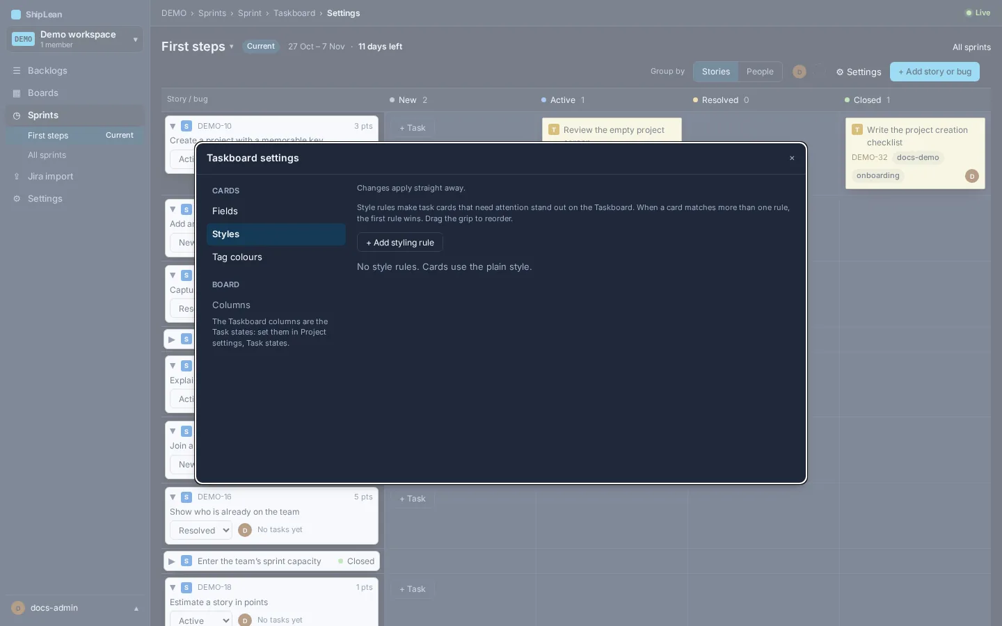 Taskboard settings with conditional task card style rules.