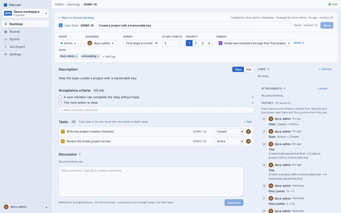 Work item details with its fields, description, links, tasks, discussion, attachments, and revision history.