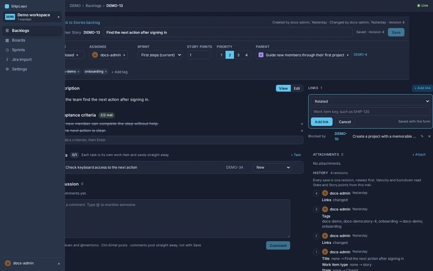 Work item link form for relating another item or adding a URL.