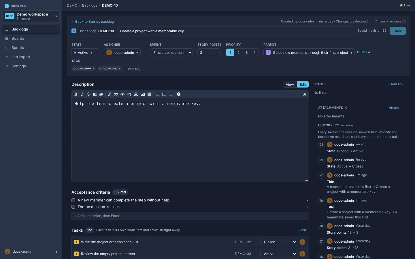 Markdown description open in the editor with its formatting toolbar.
