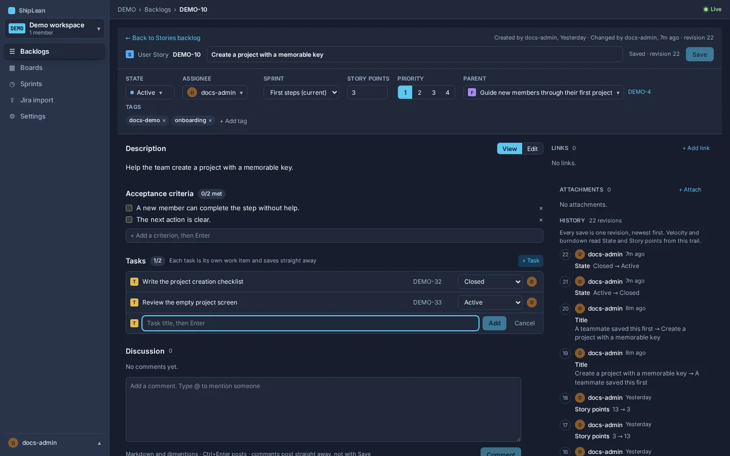 Task section with the add-task form open.
