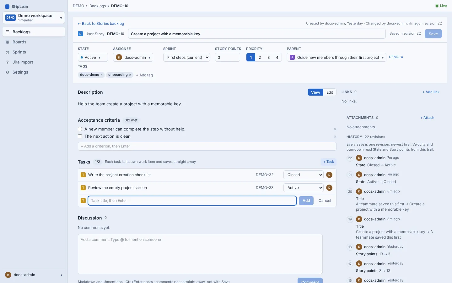 Task section with the add-task form open.