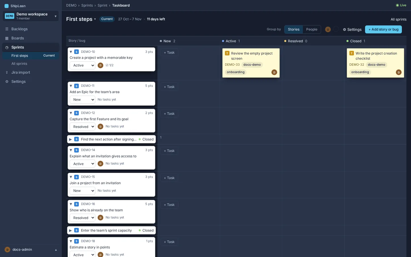 A sprint Taskboard with tasks arranged by parent Story and Task state.