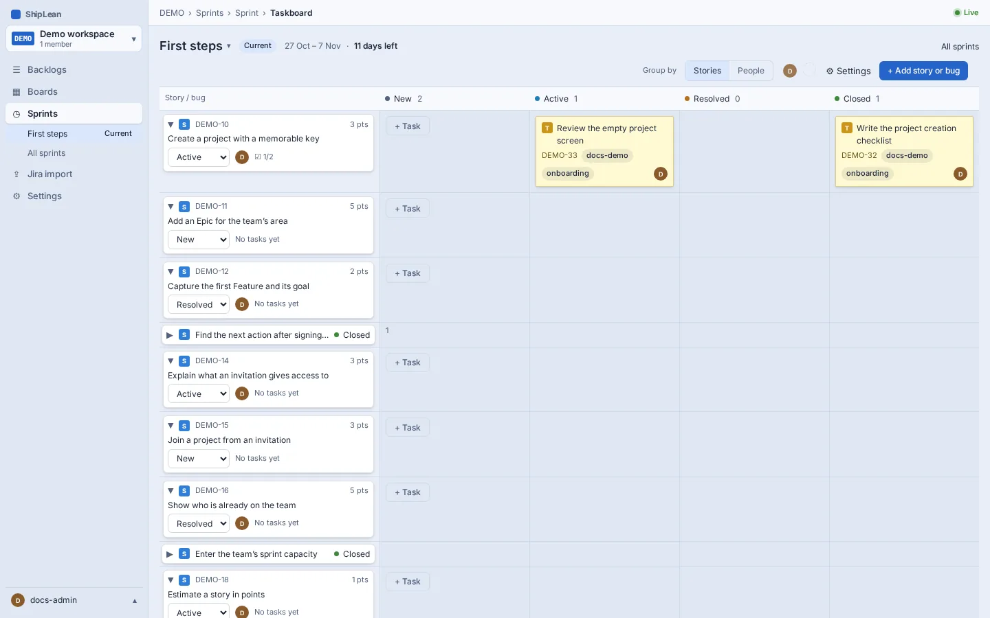 A sprint Taskboard with tasks arranged by parent Story and Task state.