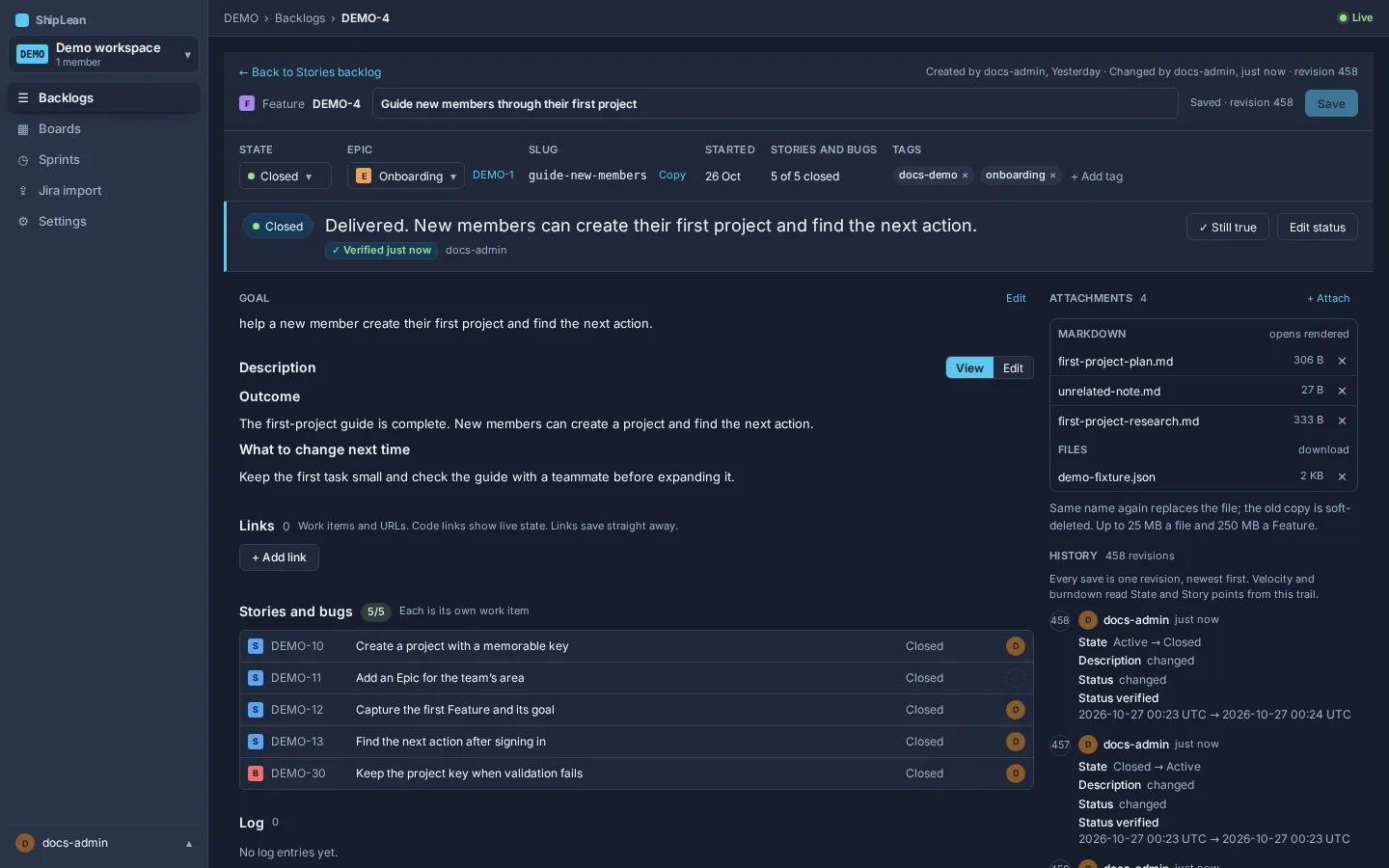 The DEMO Feature detail page for guiding new members through their first project.