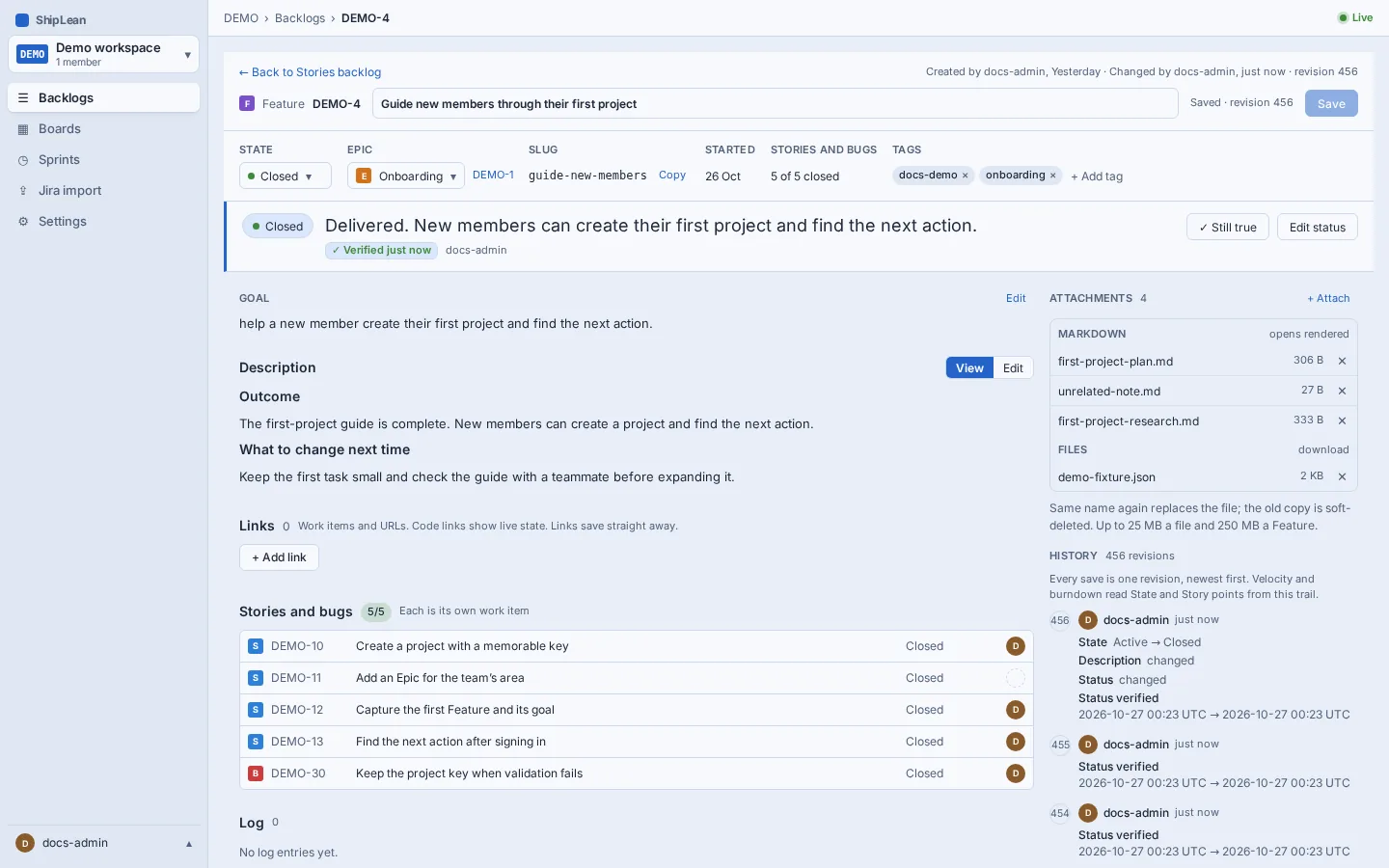 The DEMO Feature detail page for guiding new members through their first project.