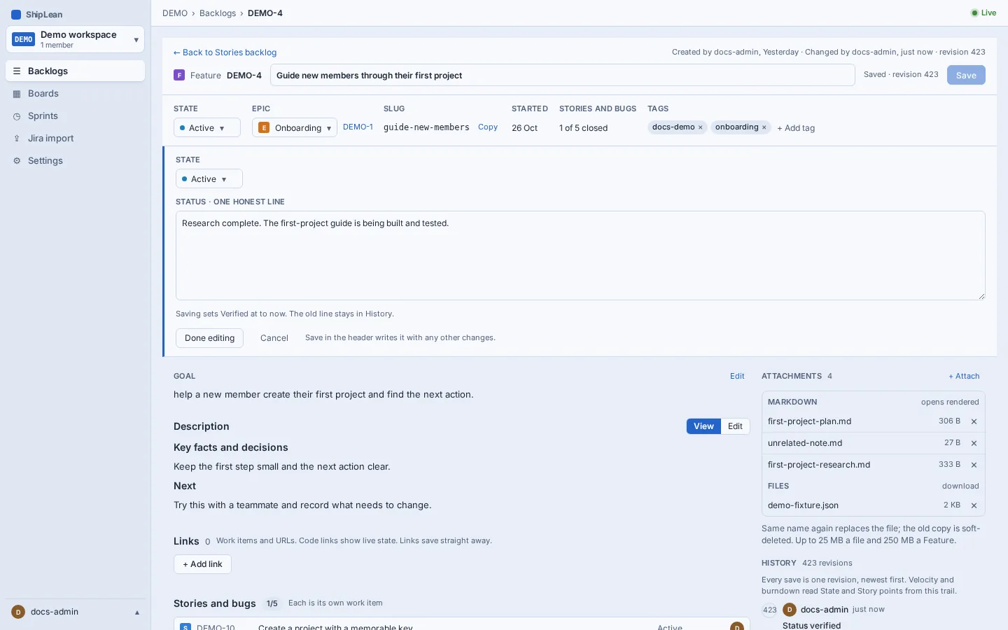 The running example Feature with its status editor open; no status has been changed.